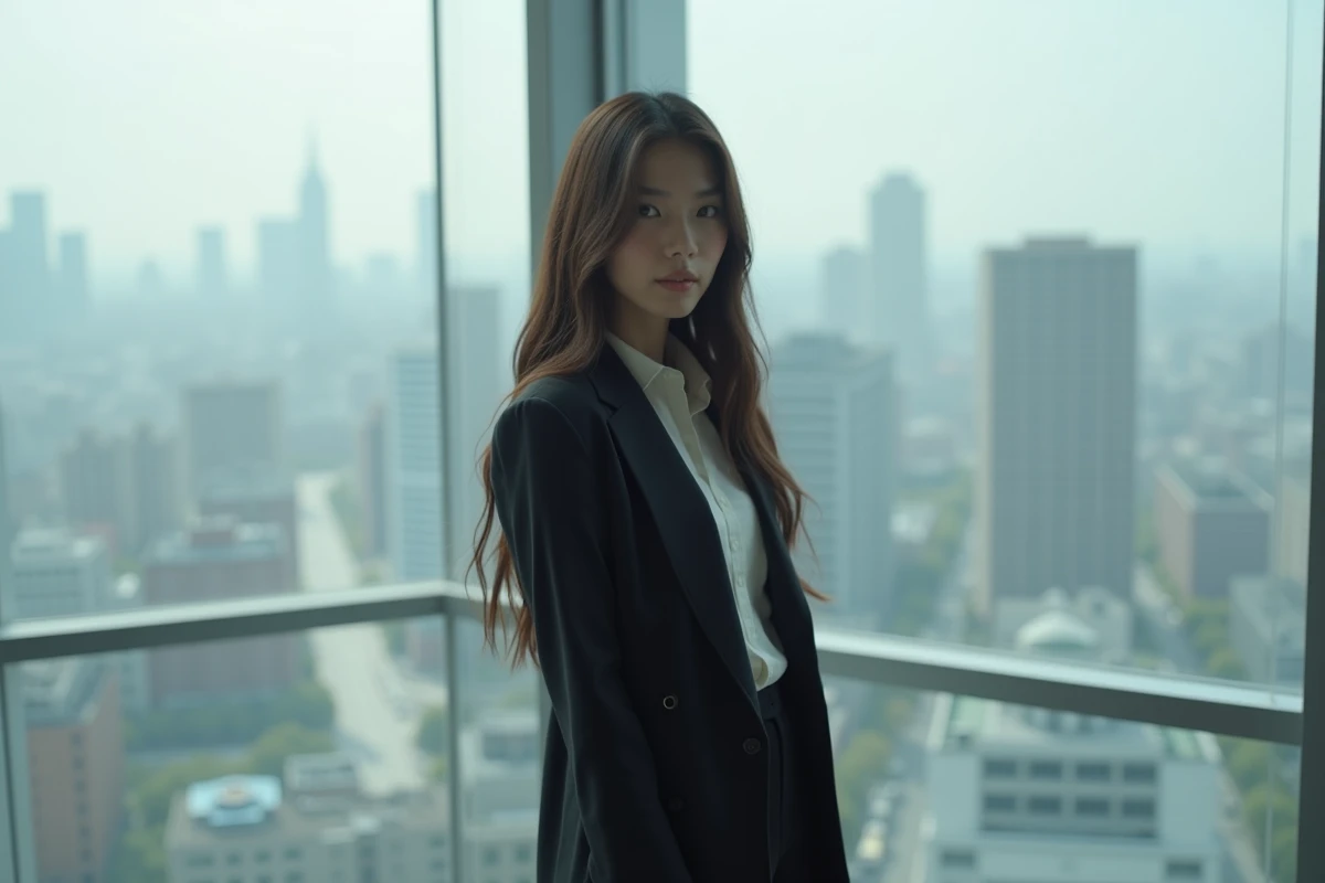 Jeune femme mannequin à l'allure sophistiquée dans un bureau moderne avec vue sur la ville, représentant Kendall Jenner et son empire médiatique dans le classement 2025