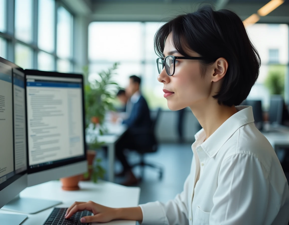 Femme professionnelle analysant les conditions légales d'un logiciel sur un écran d'ordinateur au bureau