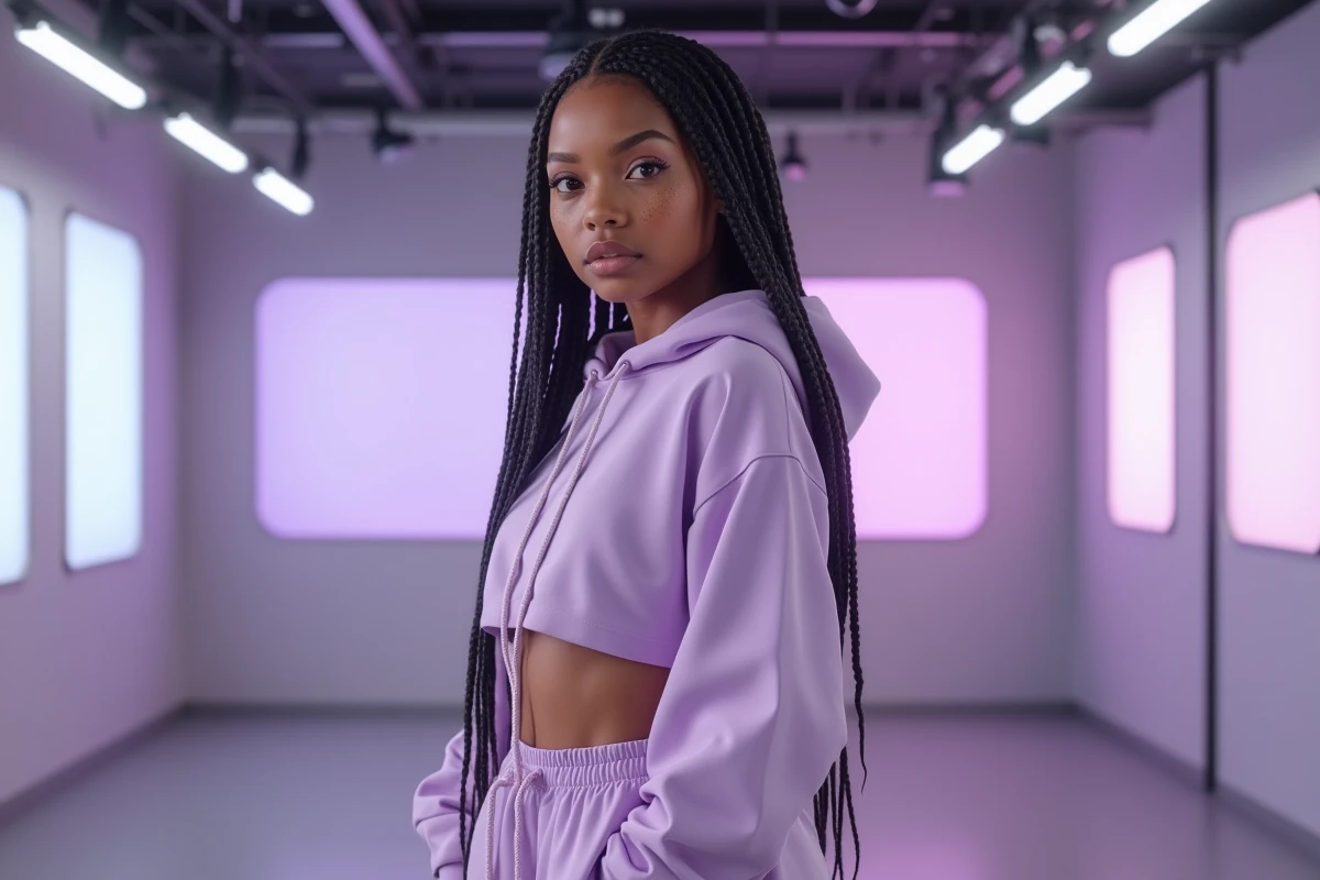 Avatar numérique hyperréaliste d'une mannequin virtuelle en tenue streetwear dans un studio de contenu digital, illustrant Lil Miquela le mannequin virtuel qui bouscule les classements