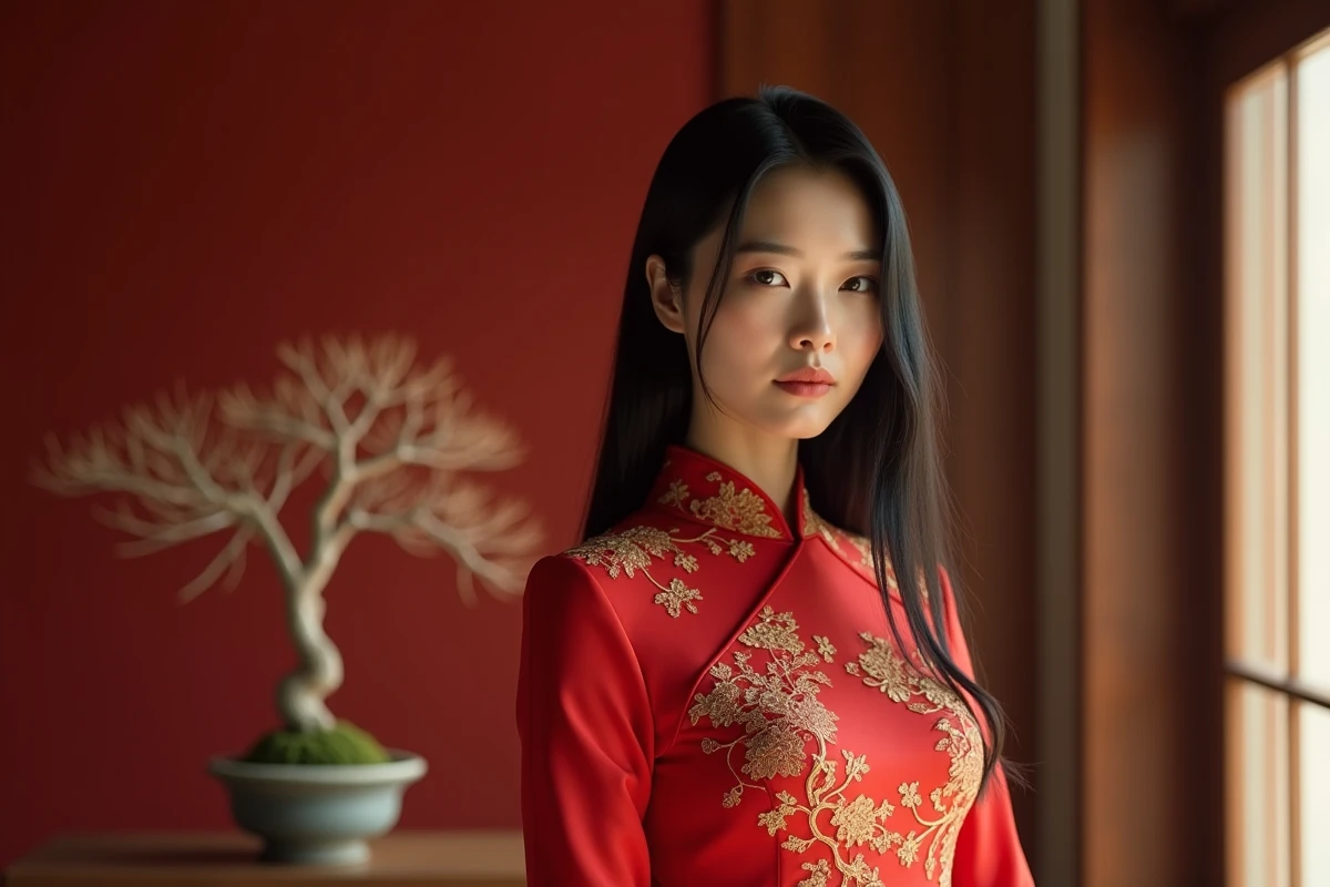Femme mannequin chinoise en robe inspirée du qipao dans un décor éditorial luxueux, illustrant Liu Wen première mannequin chinoise du top mondial