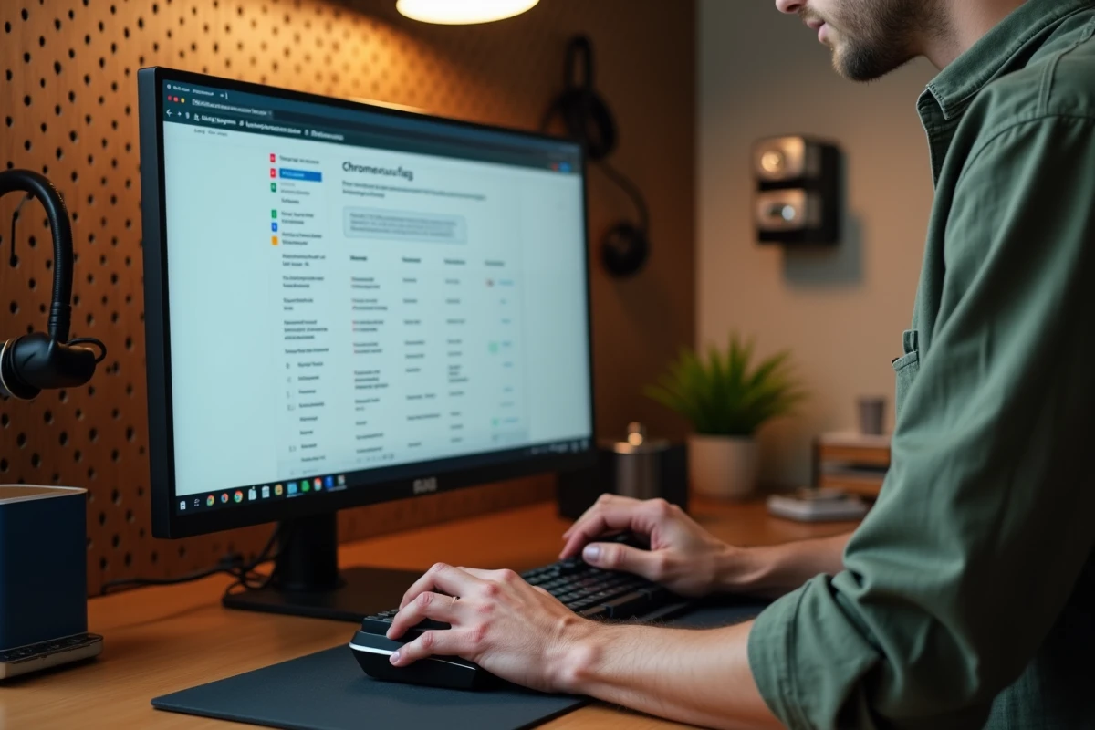 Mãos configurando os parâmetros experimentais de Chrome flags em um computador de mesa