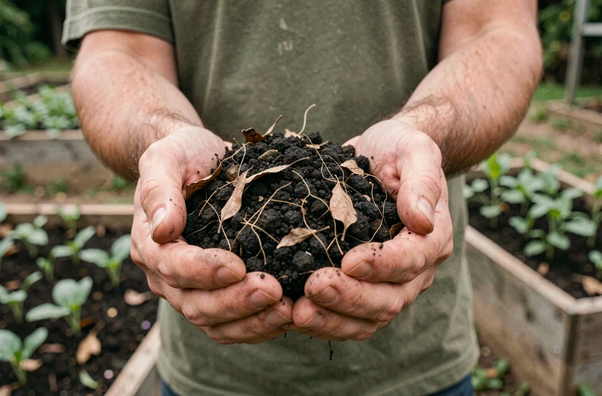 Mains d'homme tenant de l'humus riche et sombre au-dessus d'un potager, illustrant la fertilisation naturelle du sol par le compost