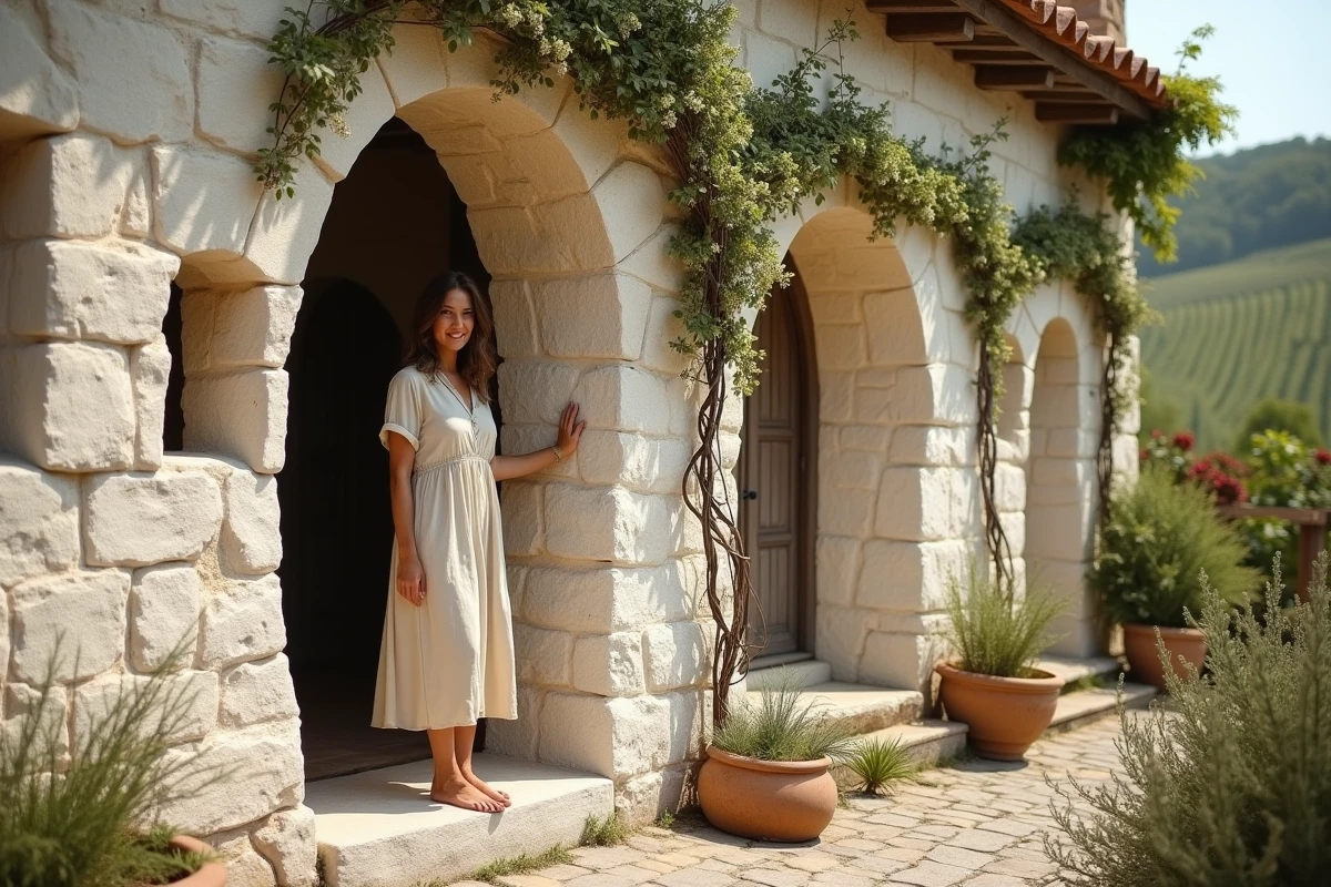 Femme dans l'encadrement d'une maison troglodyte creusée dans la falaise de tuffeau blanc en Val de Loire, entourée de glycine en fleurs