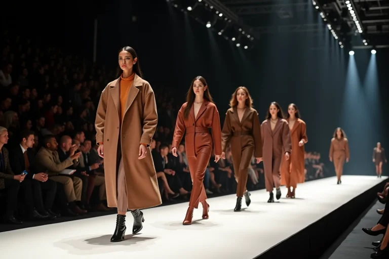 Groupe de mannequins professionnels de diverses origines défilant sur un podium de fashion week, illustrant le classement des mannequins les mieux payés au monde en 2025