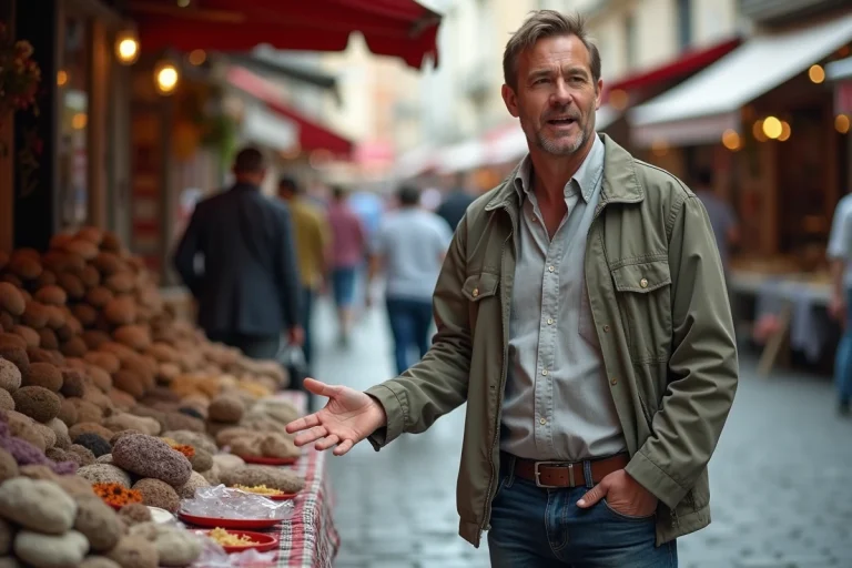 Homme d'âge moyen parlant dans un marché en plein air