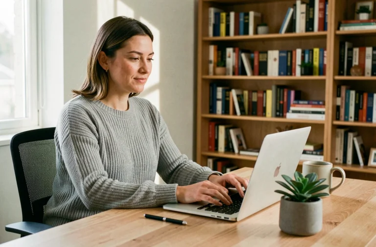 Mère travaillant en télétravail à son bureau à domicile avec une expression concentrée et sereine