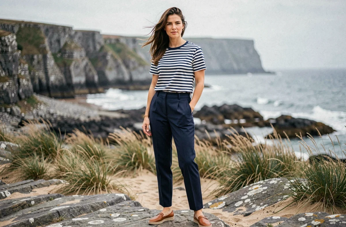Femme portant une marinière rayée bretonne classique sur un littoral rocheux en Bretagne, style mode côtière authentique