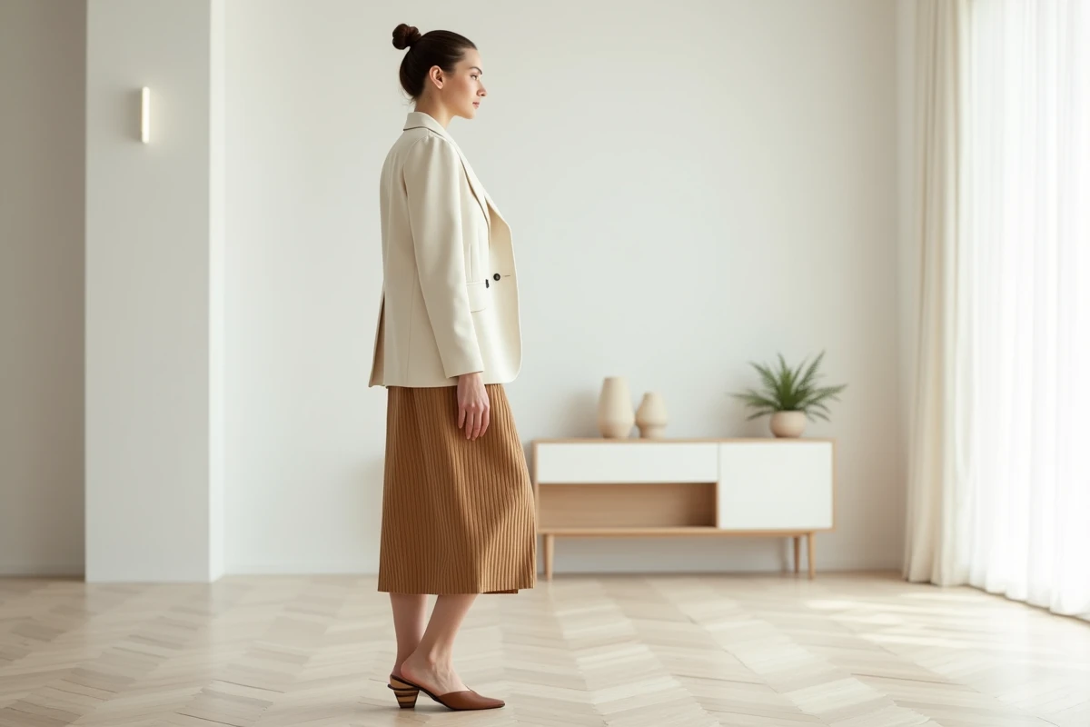 Femme portant un blazer ivoire à épaules structurées et jupe midi côtelée camel, tenue mode minimaliste femme 1995 en intérieur