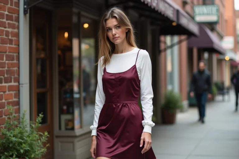 Femme portant une robe nuisette bordeaux sur t-shirt blanc, style mode femme 1995, prise en photo dans une rue urbaine vintage