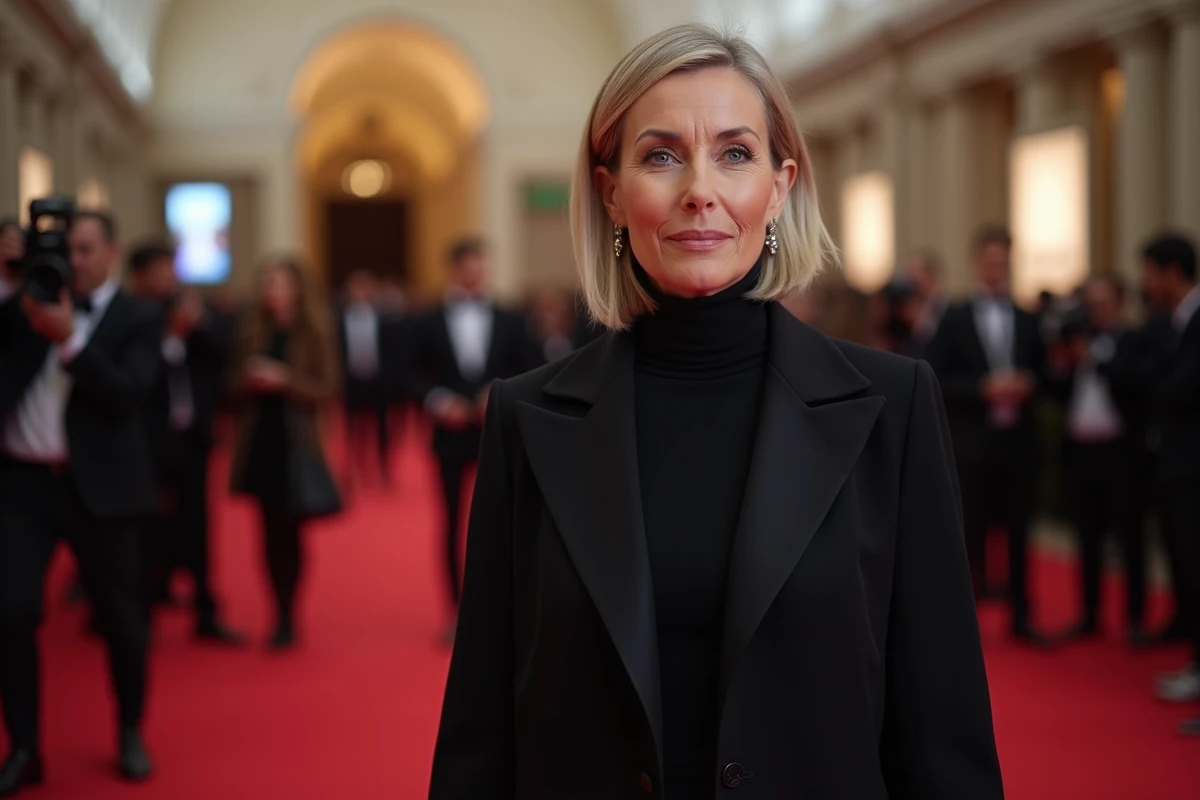 Femme mannequin expérimentée en manteau noir luxueux sur un tapis rouge, illustrant la longévité record de Naomi Campbell dans l'industrie de la mode