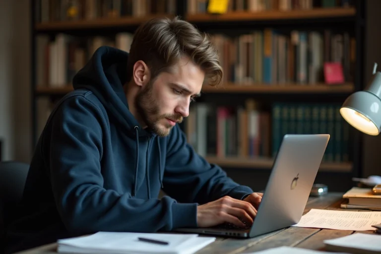 Jeune homme naviguant sur une encyclopédie alternative du web depuis son bureau à domicile