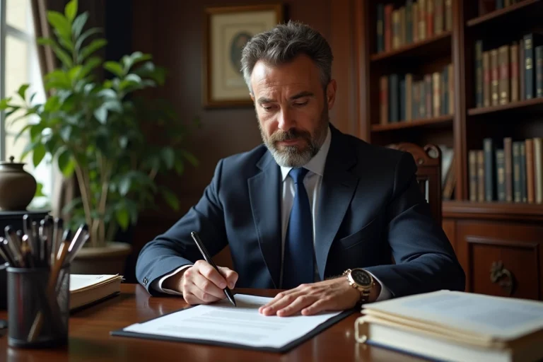 Notaire en costume marine examinant un contrat hypothécaire sur un bureau en bois dans un office notarial traditionnel