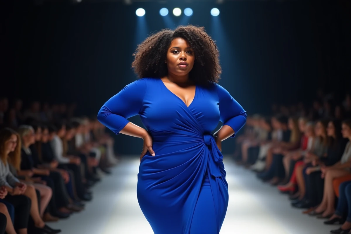 Femme mannequin grande taille en robe bleu cobalt sur un podium de défilé de mode devant un public, illustrant Paloma Elsesser et la nouvelle donne des mannequins grande taille