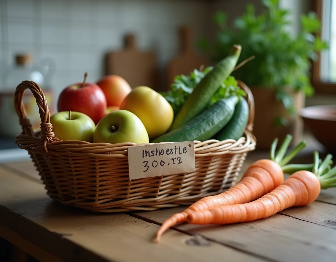 Panier anti-gaspi Lidl posé sur une table en bois avec fruits et légumes imparfaits et étiquette prix