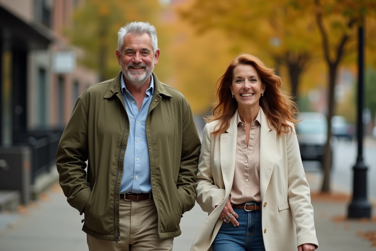 Couple élégant marchant dans une avenue arborée américaine en automne, illustrant la relation entre Paul Qualley et Andie MacDowell