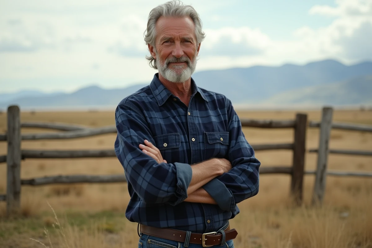 Portrait en pied d'un homme élégant aux cheveux grisonnants dans un ranch du Montana, illustrant le parcours de Paul Qualley