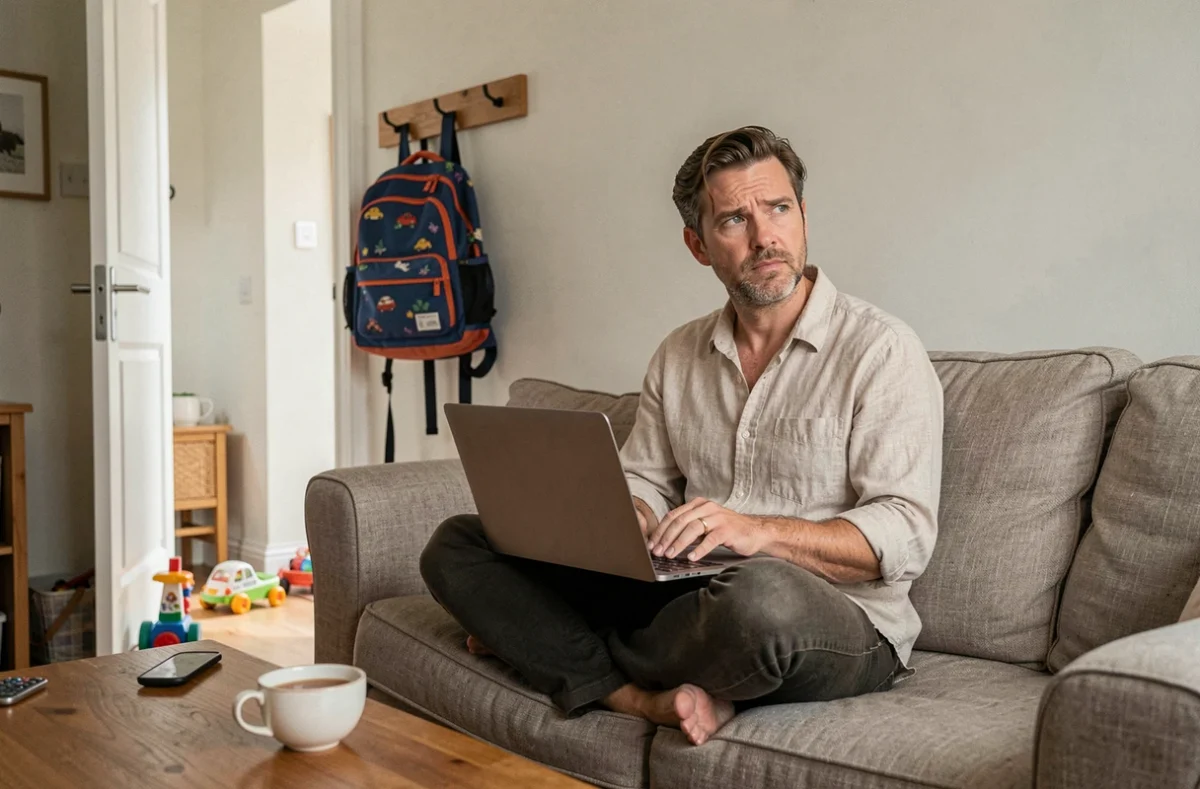 Père en télétravail sur le canapé avec ordinateur portable dans un salon familial encombré