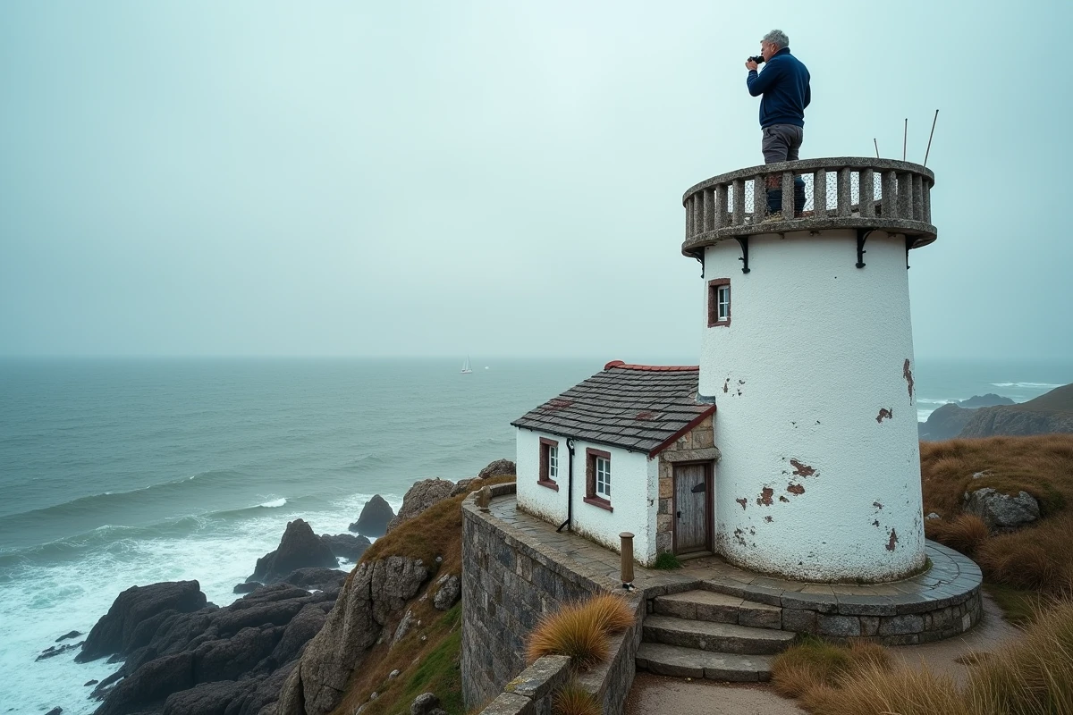 Phare maritime breton reconverti en gîte sur la côte rocheuse de l'Atlantique, avec un homme observant la mer depuis le balcon circulaire