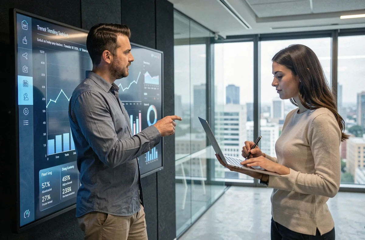 Deux professionnels analysent des tendances technologiques sur un écran interactif dans une salle de conférence moderne avec vue sur la ville