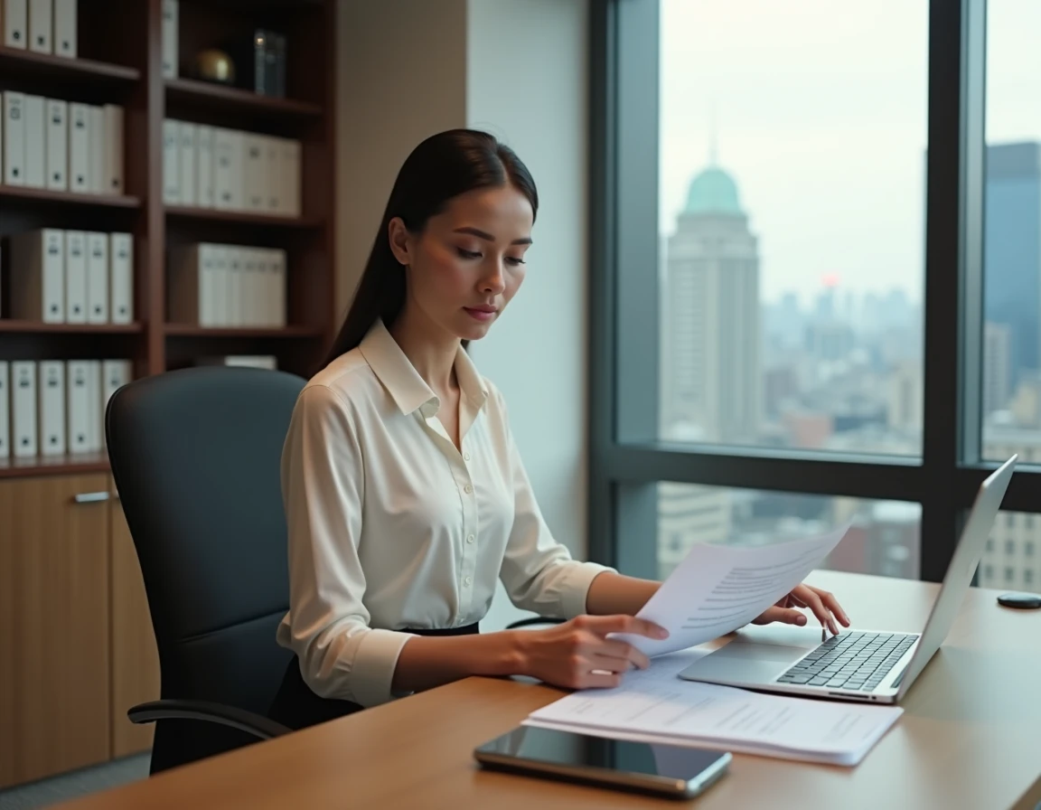 Grande femme assise à un bureau élégant dans un bureau professionnel moderne, plan trois quarts éditorial