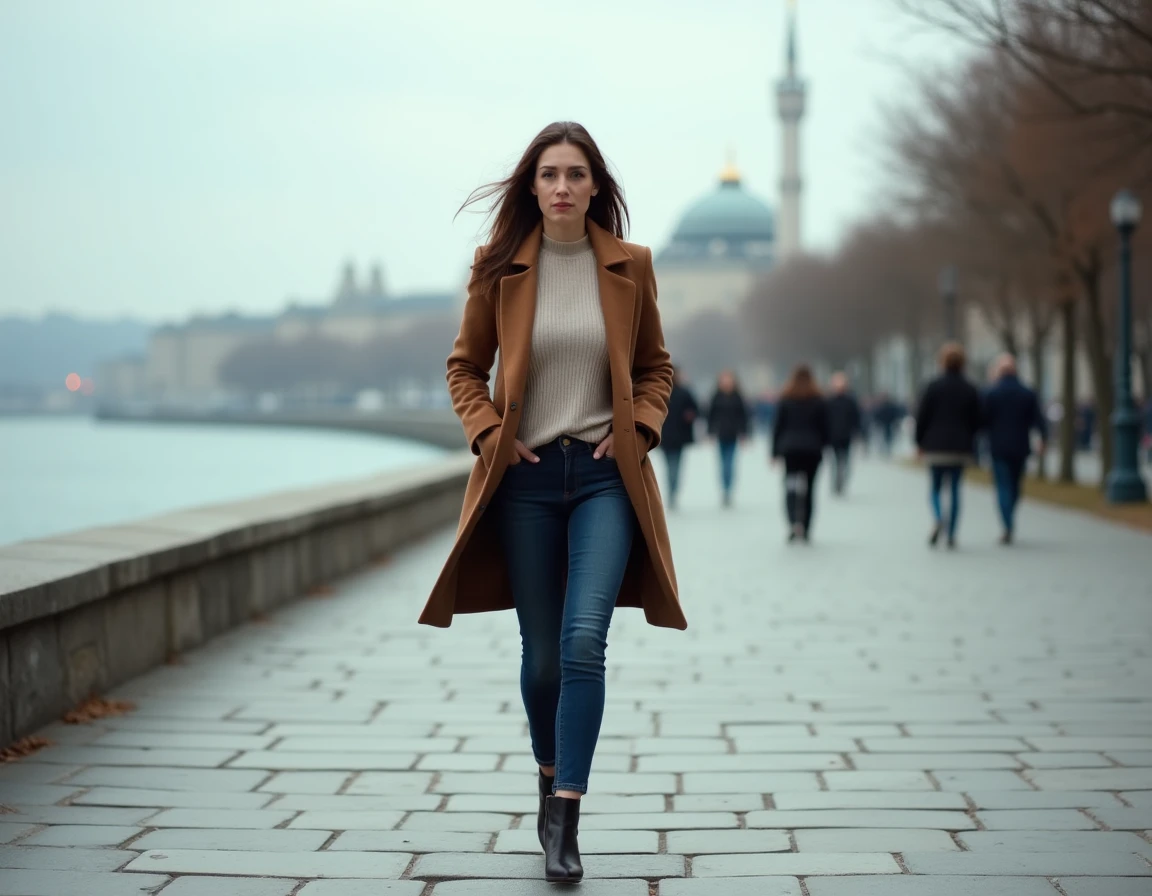 Grande femme marchant avec assurance sur une promenade en bord de mer, portrait éditorial en pied en extérieur