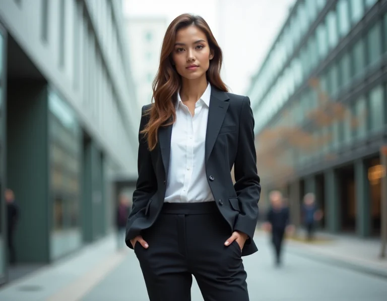 Femme grande de taille en tenue professionnelle debout dans un environnement urbain moderne, portrait plein pied éditorial