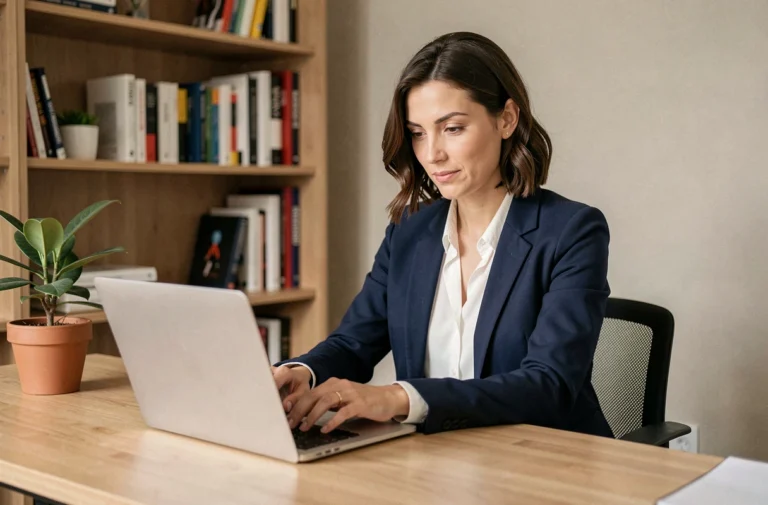 Rédactrice web professionnelle travaillant sur son ordinateur portable dans un bureau moderne et organisé