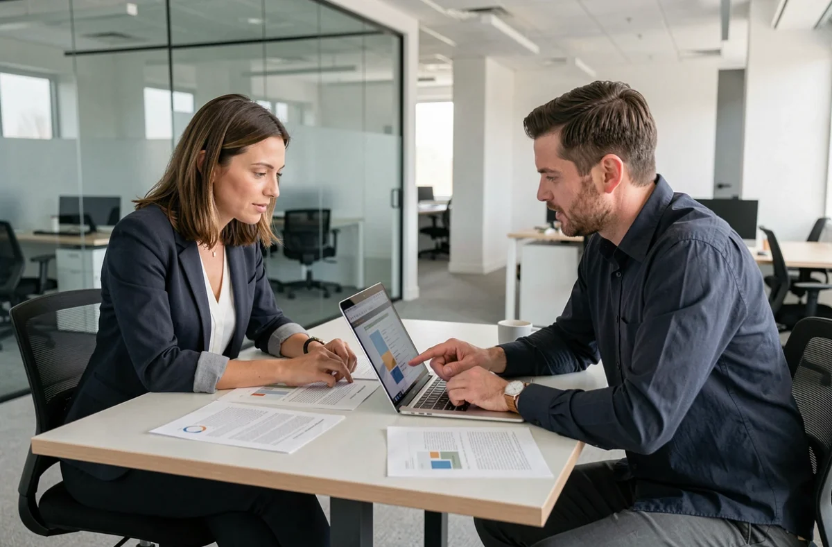 Réunion de collaboration entre un client et un rédacteur web professionnel dans un bureau moderne