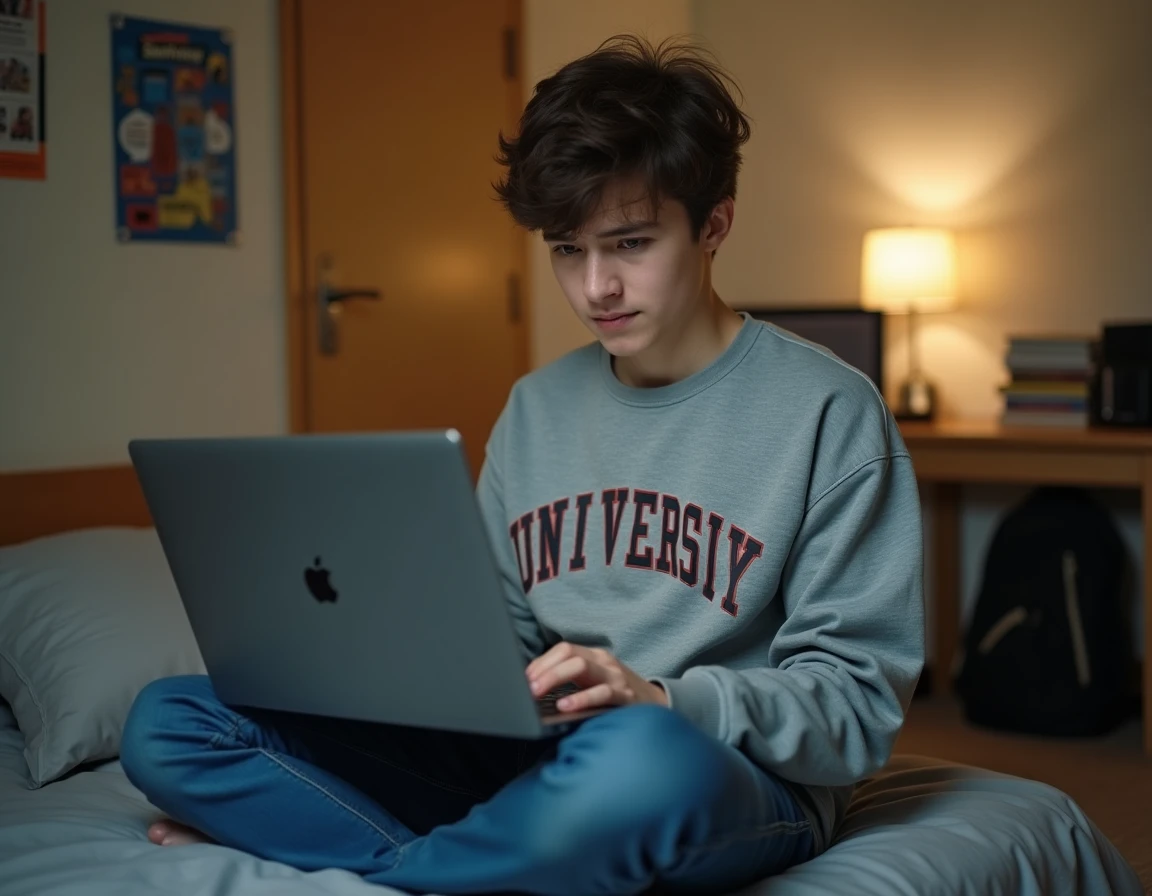 Étudiant inquiet face à une alerte de sécurité lors du téléchargement d'un logiciel gratuit dans sa chambre universitaire