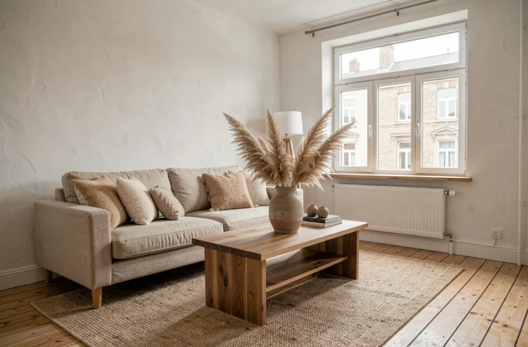 Salon moderne décoré avec canapé en lin beige, vase céramique et tapis en laine tissée pour un intérieur chaleureux et élégant