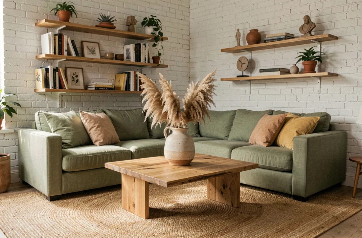 Salon contemporain au style scandinave avec canapé en lin vert sauge, table basse en chêne et étagères décoratives