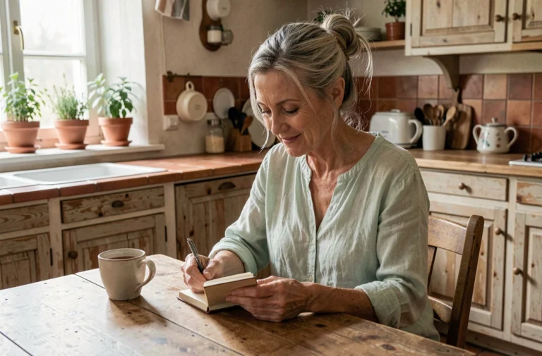 Senior femme souriante prenant son thé dans une cuisine française rustique, lisant ses notes du quotidien