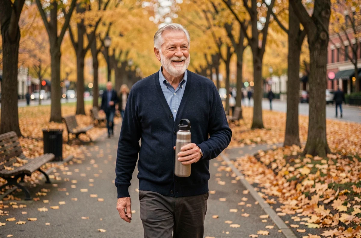 Senior homme actif se promenant dans un parc en automne, adoptant un mode de vie sain et dynamique