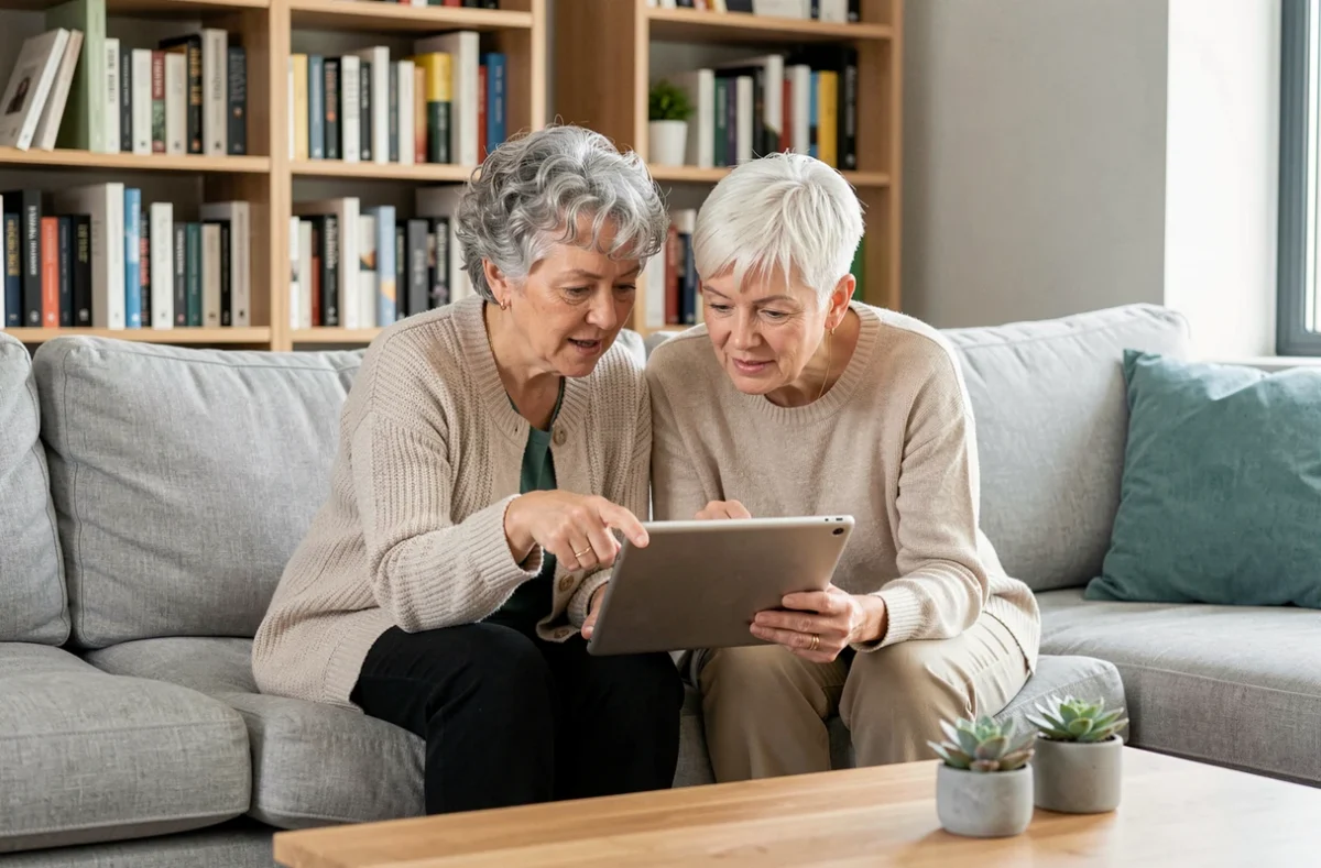 Deux femmes seniors complices utilisant une tablette numérique ensemble dans un salon moderne et lumineux