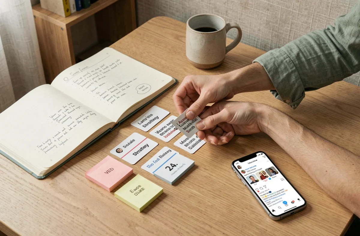 Mains organisant des fiches stratégiques de mots-clés et de visibilité en ligne sur un bureau en chêne dans un bureau à domicile