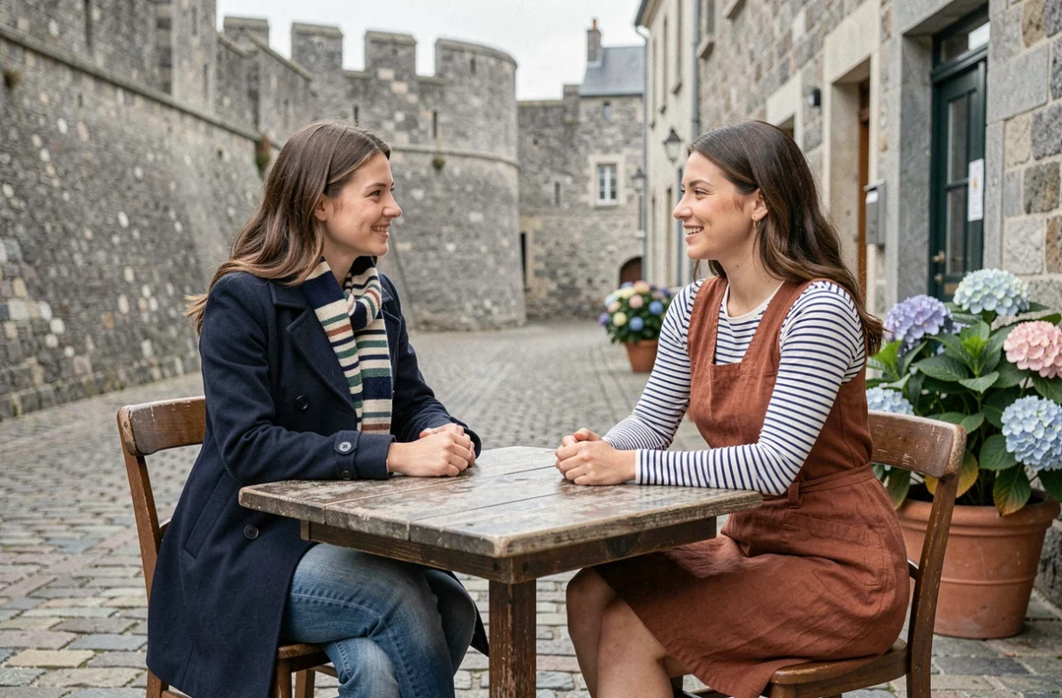 Deux femmes en tenues inspirées de la mode bretonne attablées devant une crêperie à Saint-Malo, style contemporain et authentique