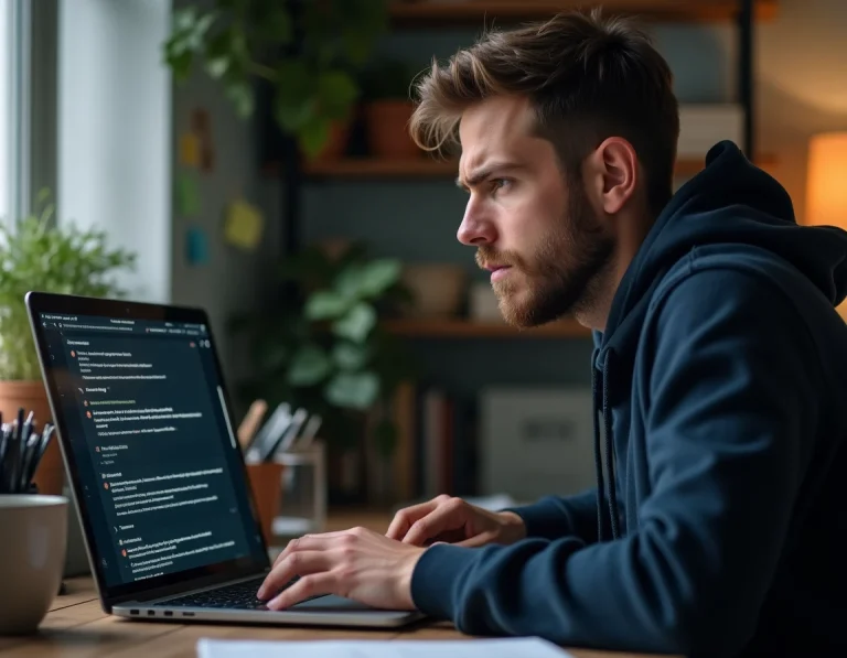 Jeune homme hésitant face à des fenêtres de téléchargement de logiciels sur son ordinateur portable à domicile