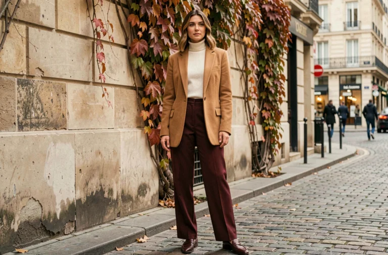 Femme élégante portant un blazer camel oversize et un pantalon large bordeaux dans une rue pavée parisienne en automne