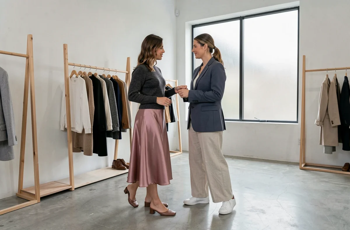Deux femmes stylées essayant des vêtements tendance dans une boutique de mode minimaliste aux murs blancs et sols en béton