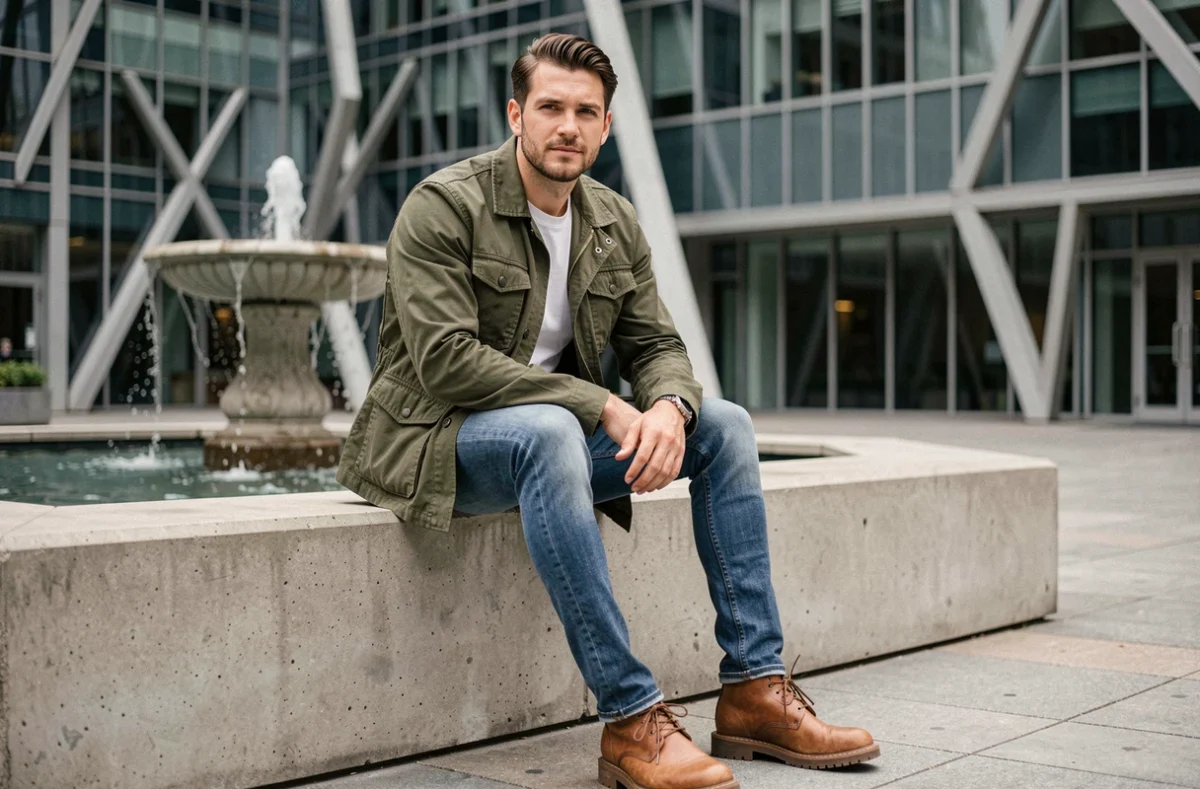 Homme tendance en veste utilitaire olive et jean raw denim assis près d'une fontaine dans un espace urbain moderne