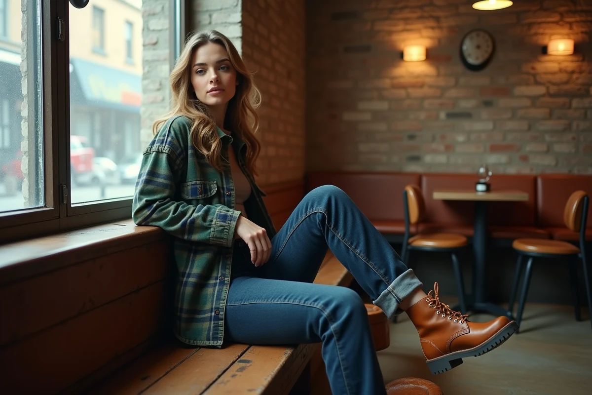 Femme en jean droit taille haute et chemise flanelle à carreaux style années 1995 assise dans un café vintage