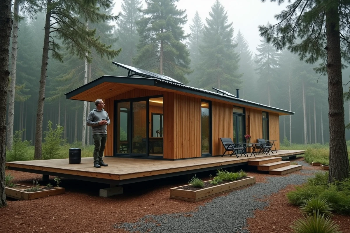 Homme debout sur la terrasse d'une tiny house autonome moderne installée en lisière de forêt française, entourée de panneaux solaires et d'un jardin potager