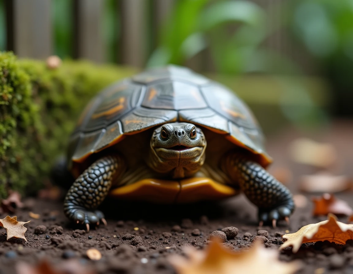 Tortue terrestre en posture défensive la gueule ouverte dans un enclos extérieur, montrant un comportement d'agressivité typique