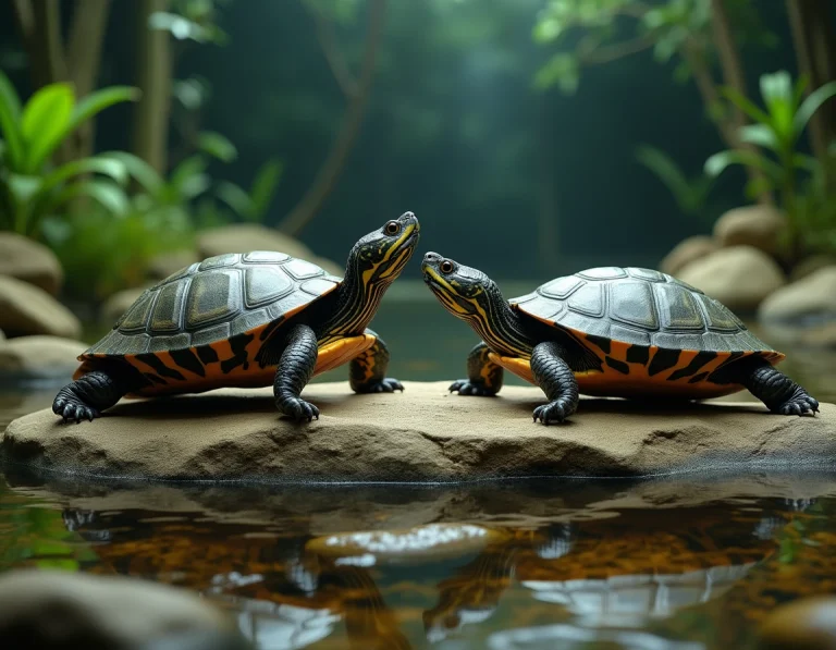 Deux tortues à tempes rouges en posture d'agression sur un rocher dans un terrarium, illustrant les comportements de morsure entre congénères