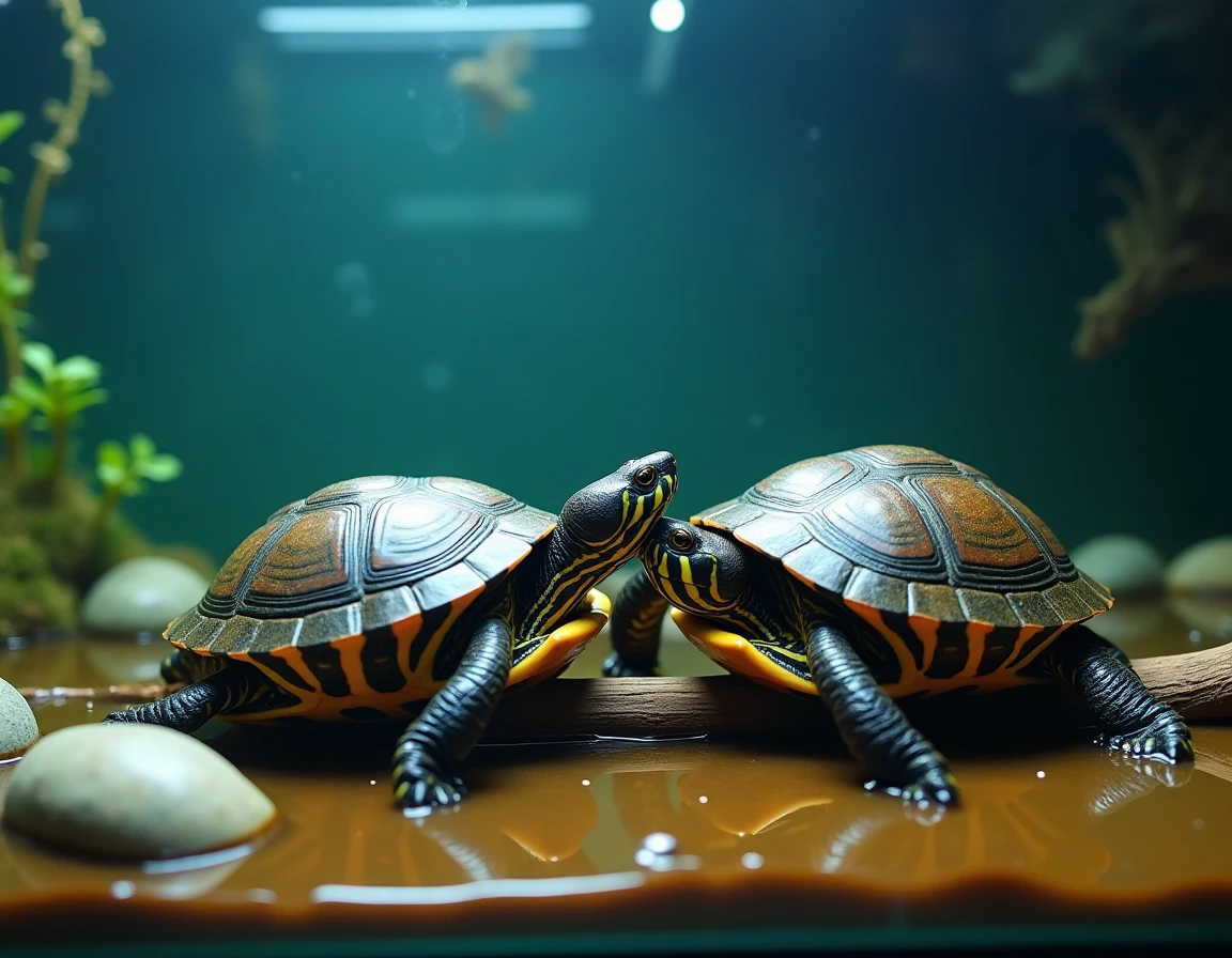 Deux tortues peintes dans un aquarium domestique dont l'une mord la patte de l'autre près d'une racine, illustrant les causes de morsure entre tortues
