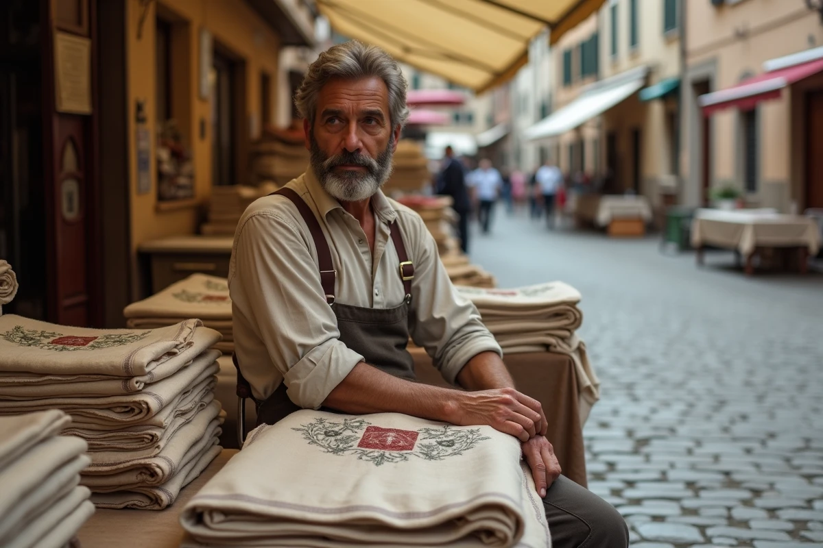 Vendeur de textiles anciens dans une place de village