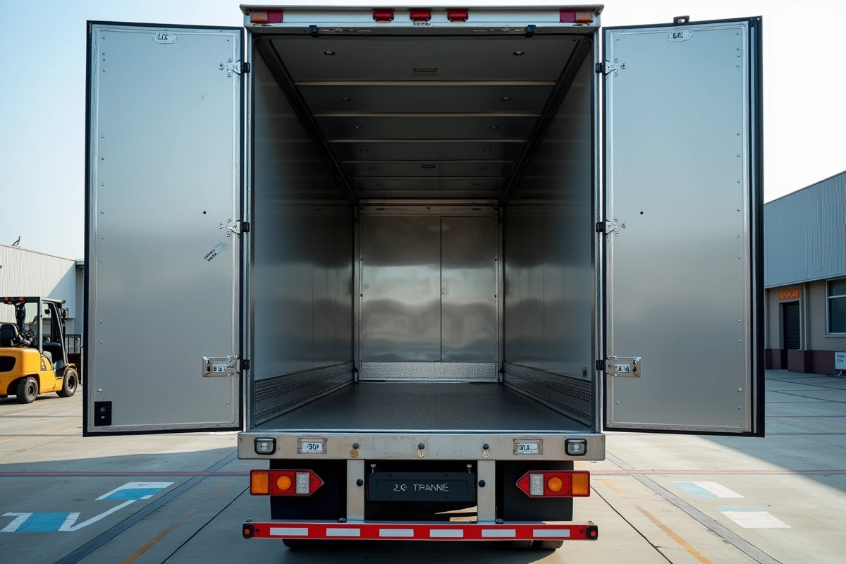 Vue arrière d'un camion 26 tonnes frigorifique avec portes ouvertes montrant les dimensions intérieures de la caisse