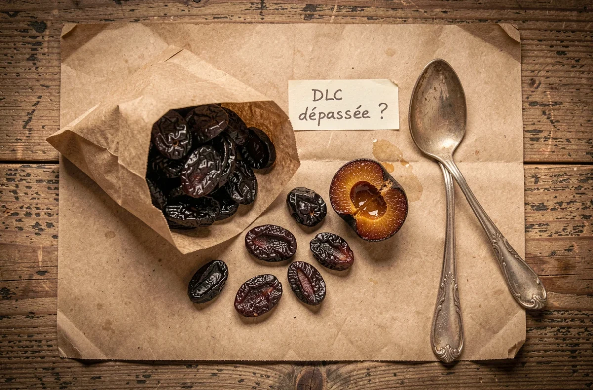 Vue de dessus de pruneaux séchés périmés sur table en bois avec note manuscrite sur la date limite