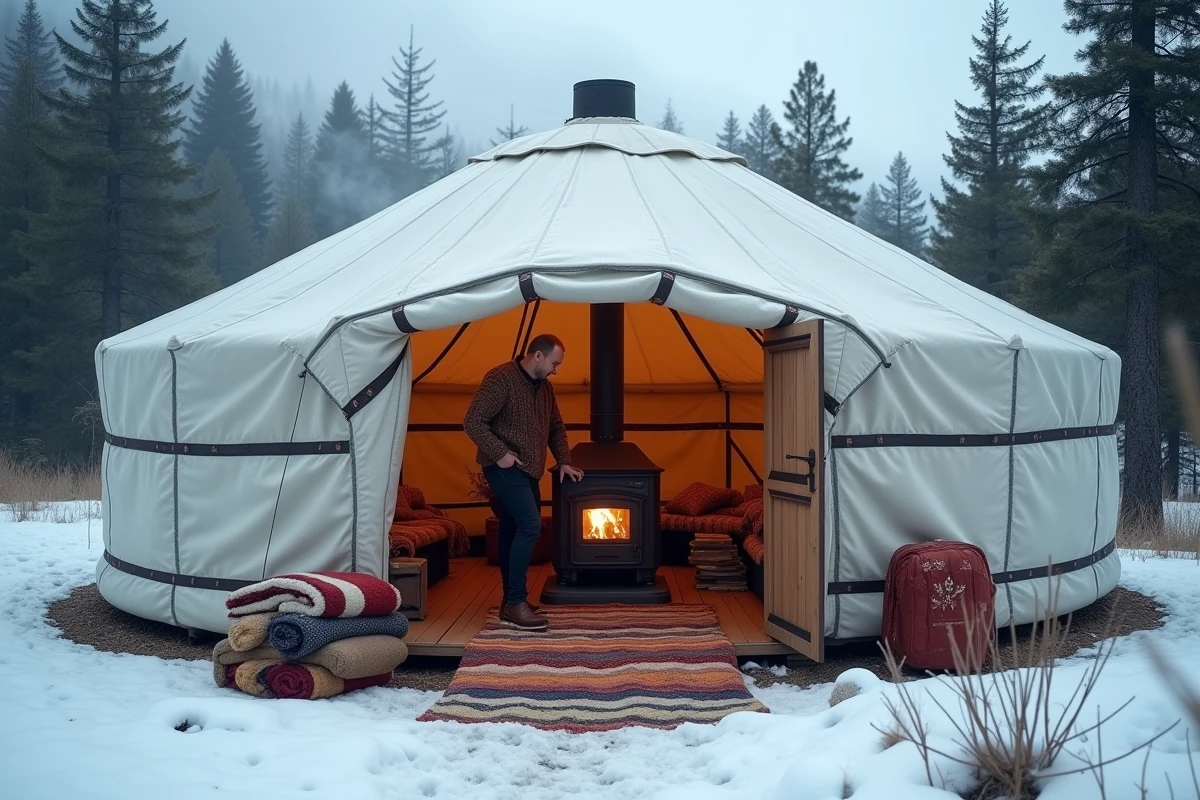 Yourte mongole traditionnelle installée dans une clairière enneigée de montagne française, avec un poêle à bois allumé visible à l'intérieur